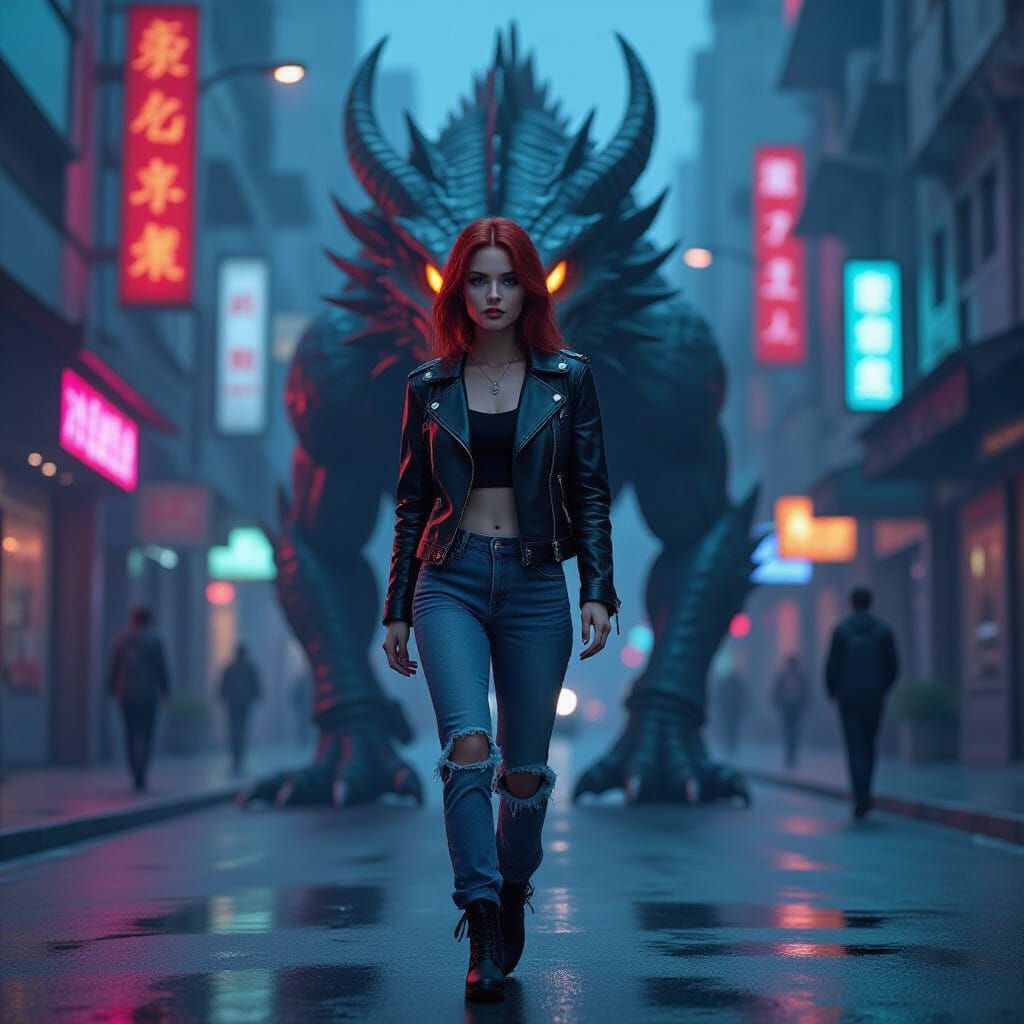 Redhead Woman Walks Neon Cyberpunk Street With Dragon