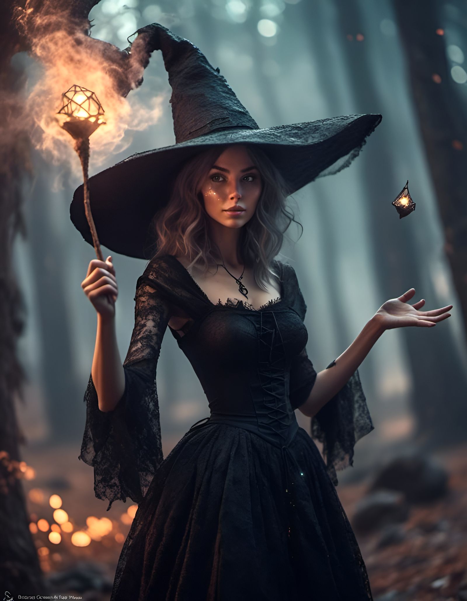 Confident Witch Casting a Hex in Moonlight