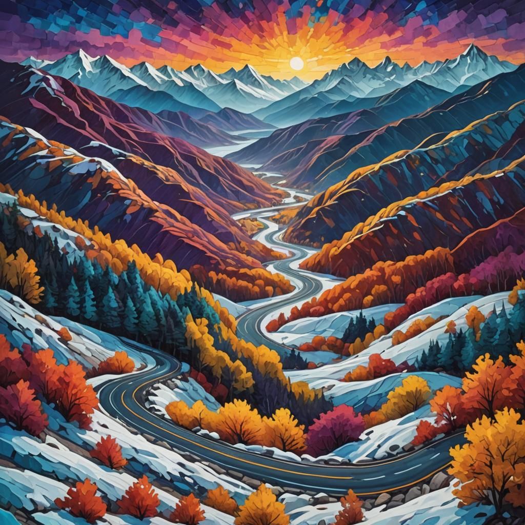 Autumn Roads and Mountain Views as Impasto Painting