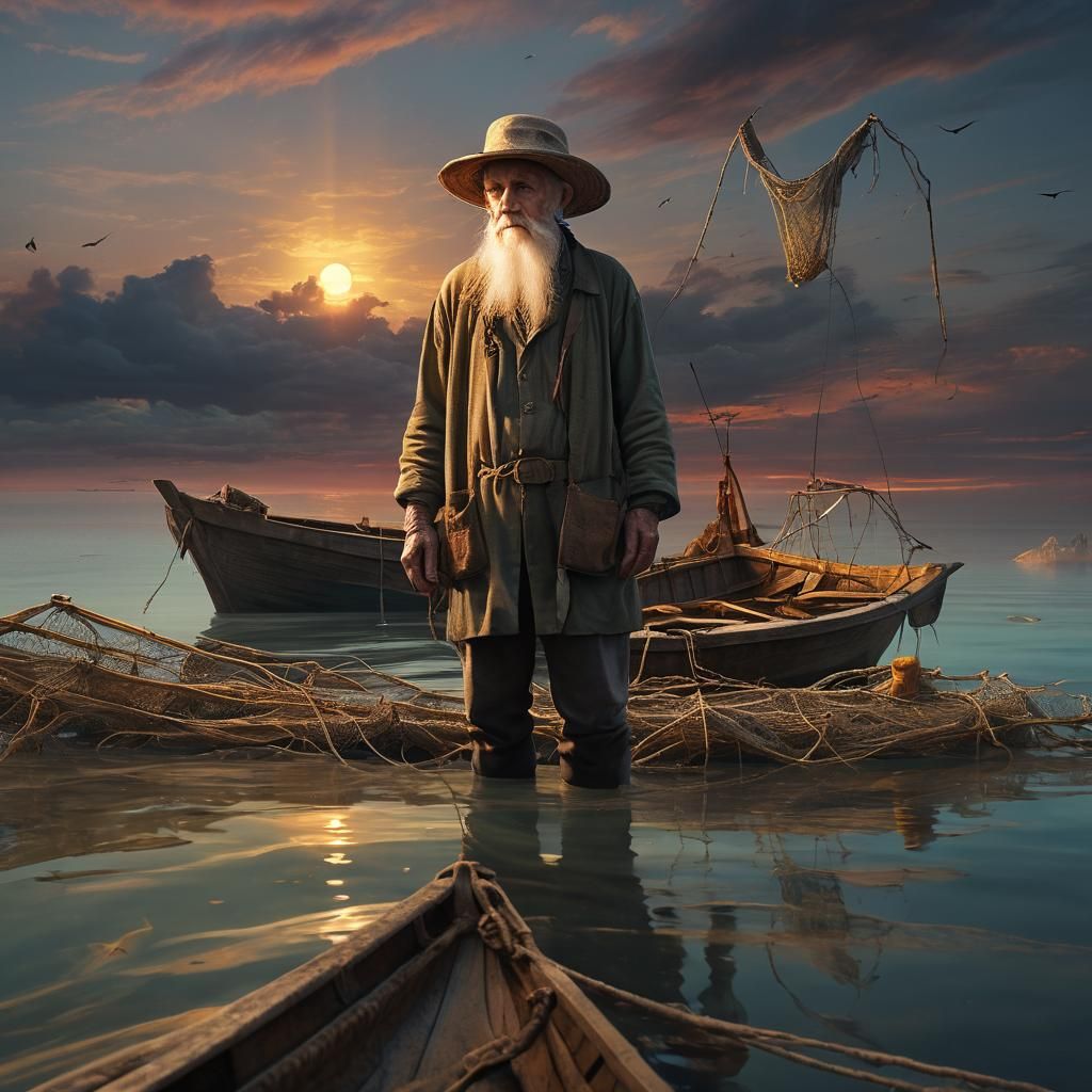 Fisherman in Sunset Sea: Digital Matte Painting