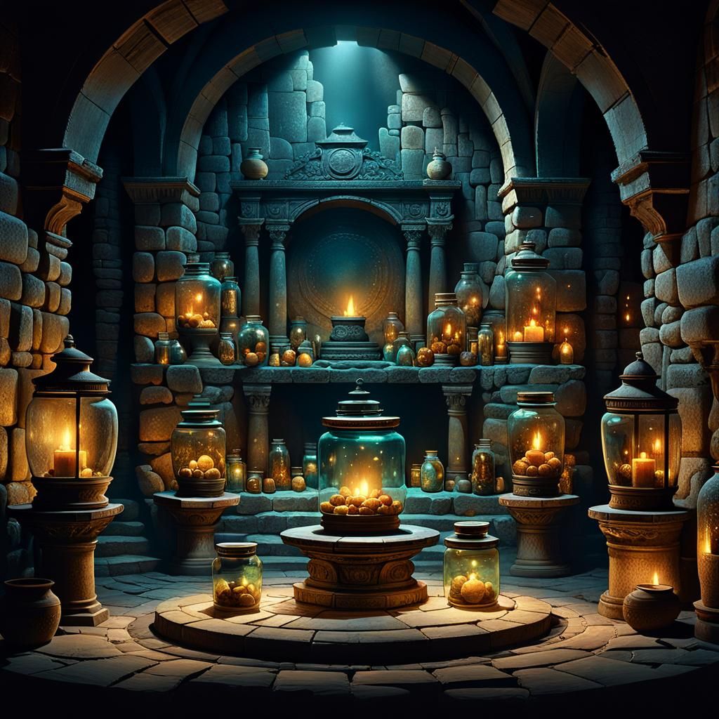 Ornate Glass Jars in Ancient Chamber