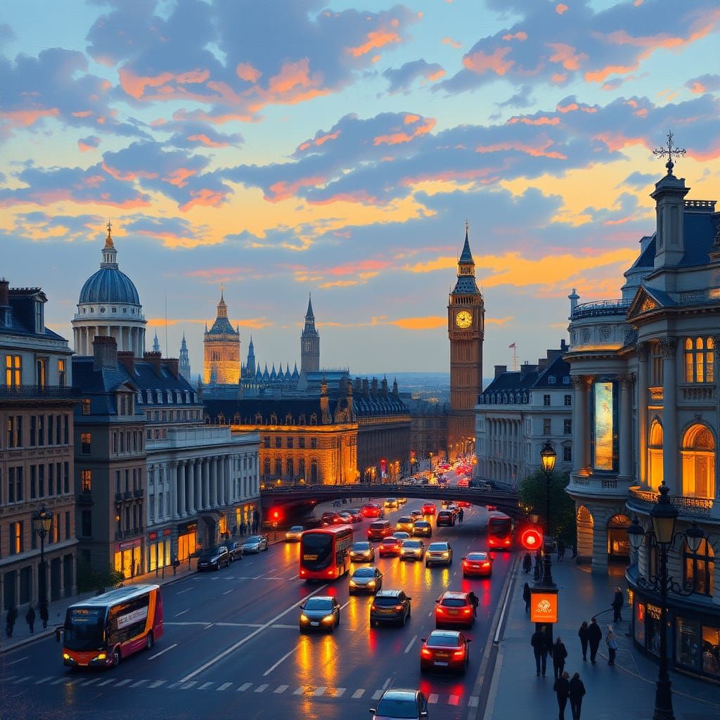 London Cityscape at Dusk in Impressionist Style