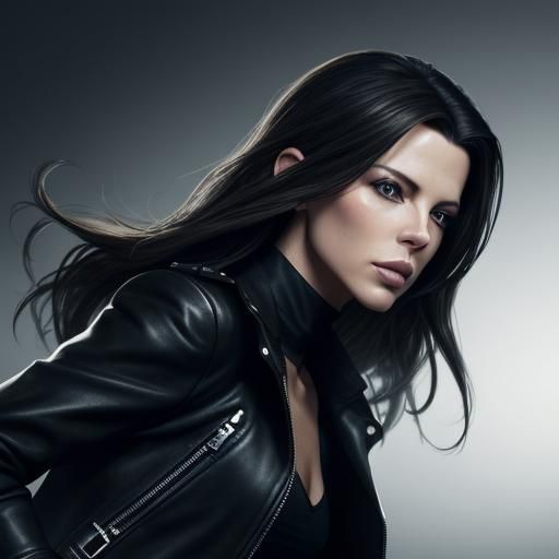 young girl, European, looks like Kate Beckinsale, tall, slim, black long hair, daring, sharp facial features, athletic, ...