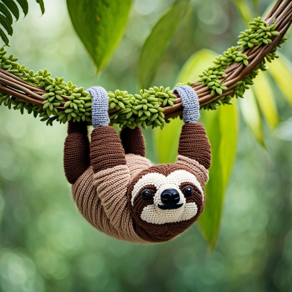 Cute Crochet Sloth Hanging in Rainforest