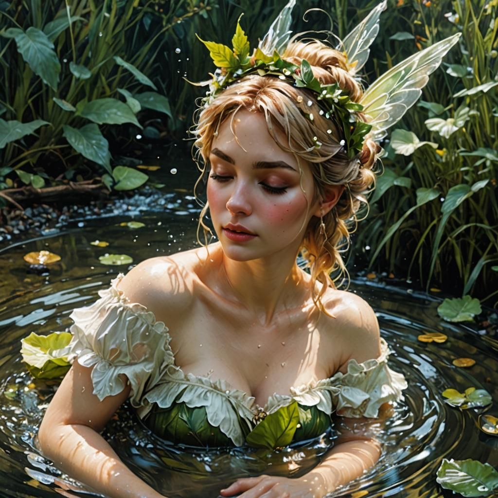 Celestial Tinkerbell Bathes: A Romantic Oil Painting