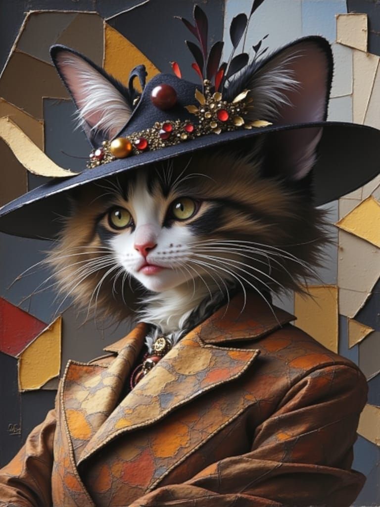 Aristocratic cat, whimsical, wide brimmed hat, background in yellow and blue overlapping rectangles
