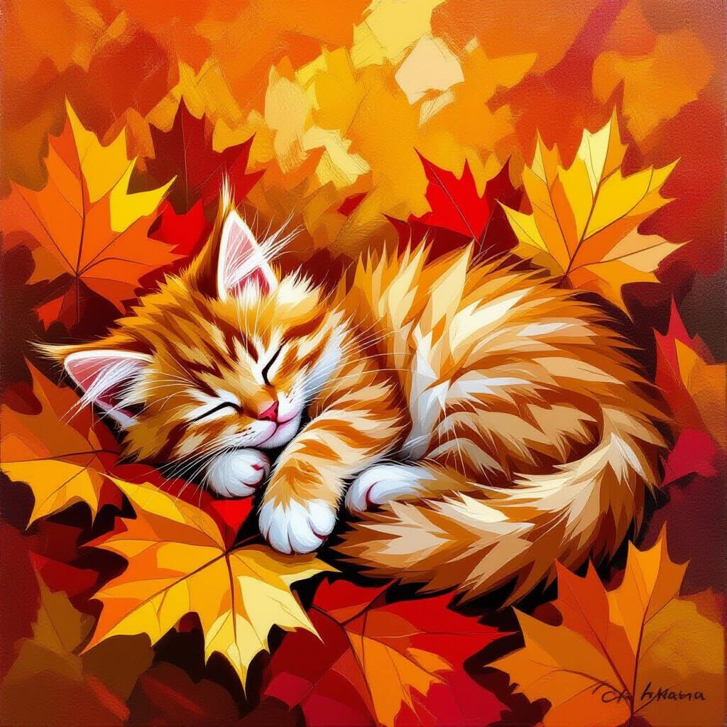 Fluffy Ginger Kitten Sleeps on Autumn Leaves in Golden Light