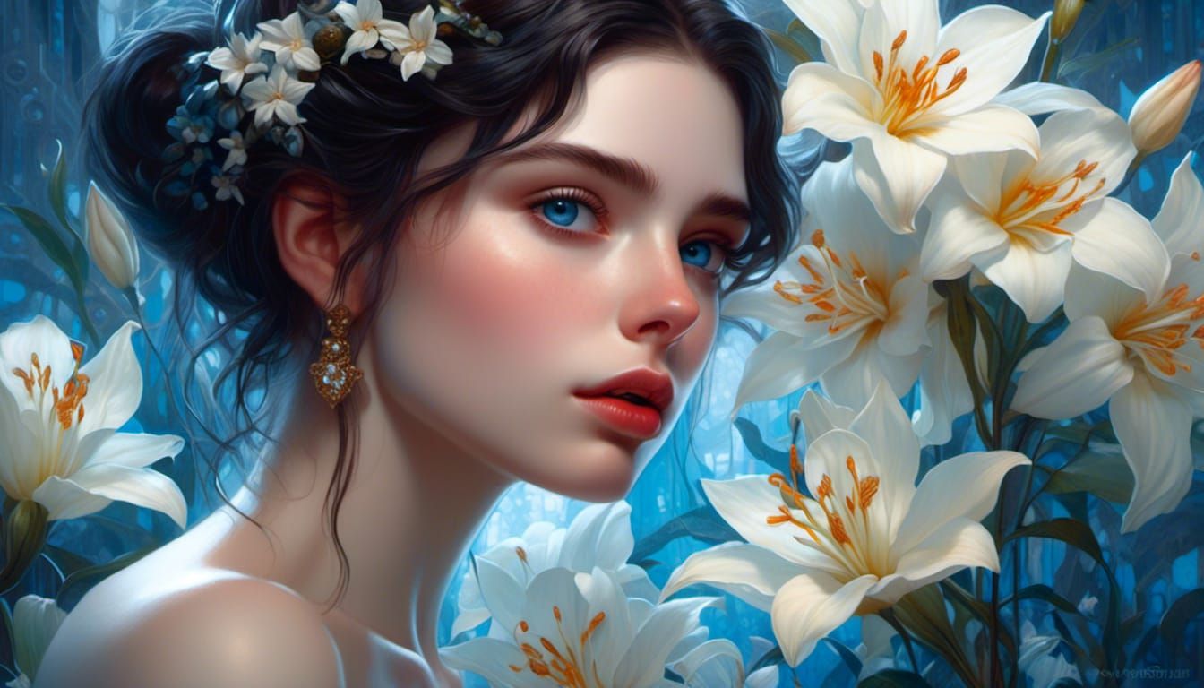 Tearful Pale Girl Portrait with Lilies