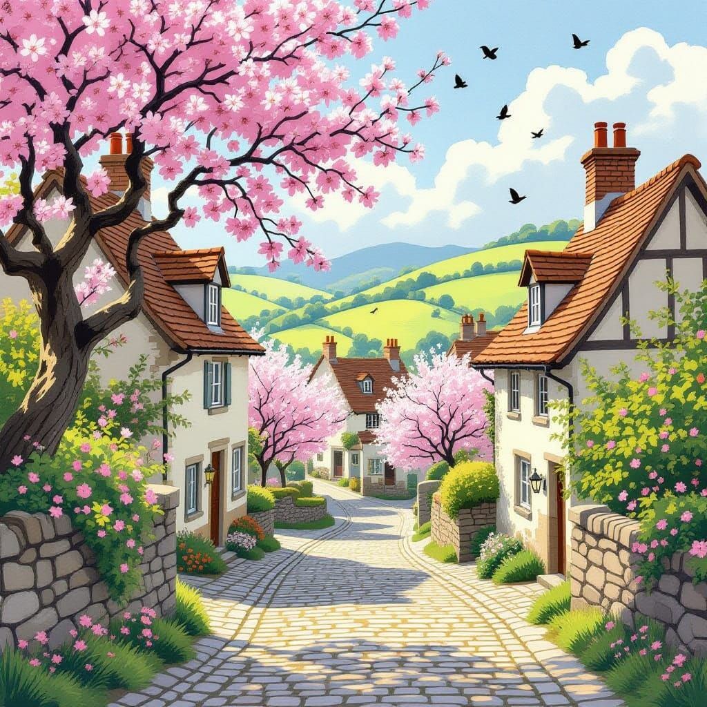 Whimsical Village Amidst Blossoming Hills