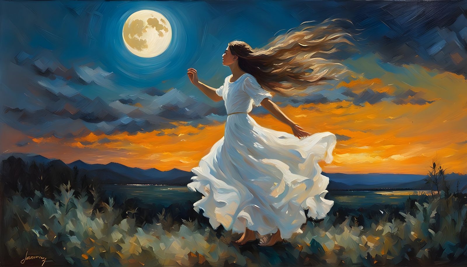 Young Woman Dancing in Moonlight: An Oil Painting
