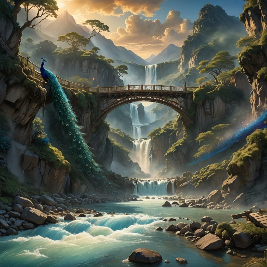 Peacock Feather Bridge Over Boiling River: Fantasy Landscape