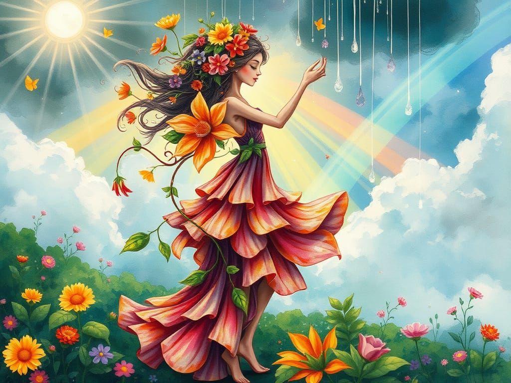 Whimsical Flower Woman Dancing in a Lush Garden