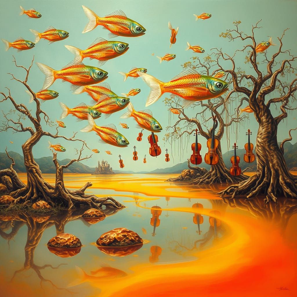 Surrealist Flying Fish Dance Above Peanut Butter Landscape