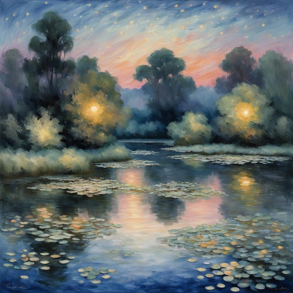 Mystical Pond Reflecting Starry Twilight Sky in Impressionis...
