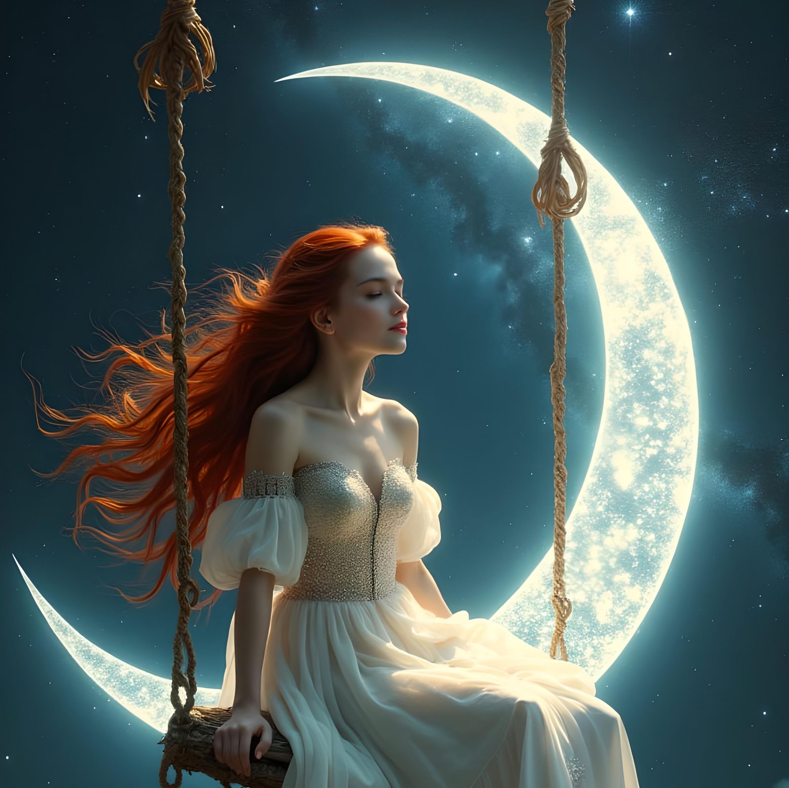 Dreamy Girl on Moon Swing Under Starry Sky