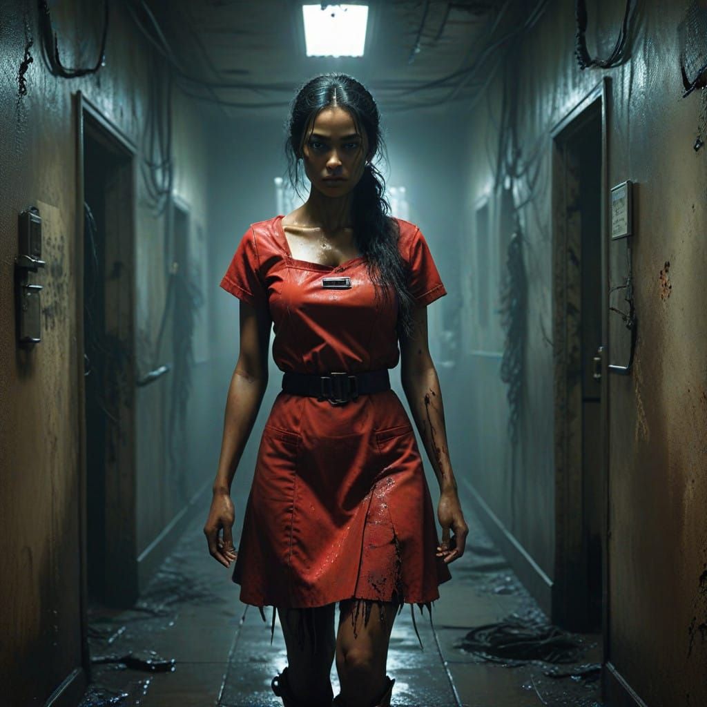 Surrealist Nurse in Tattered Uniform Walks Hospital Corridor