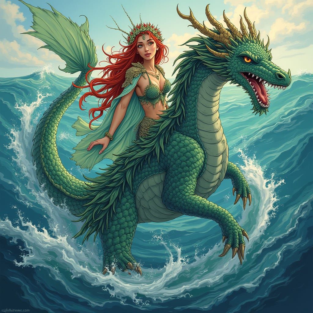 Majestic Sea Goddess Rides Sea Dragon in Whimsical, Colorful...