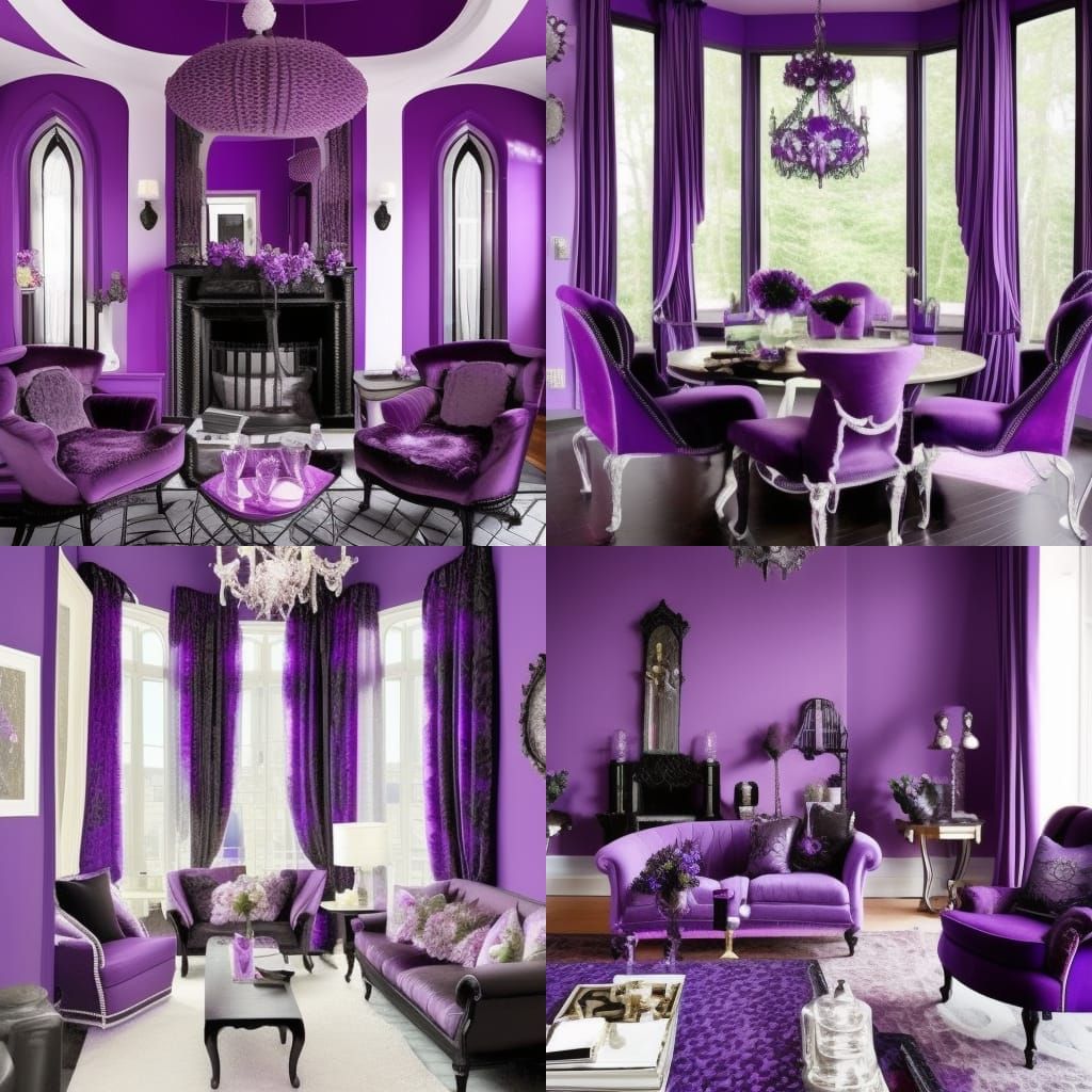 Purple cottage core penthouse with purple walls and lavender walls& Black frames& Purple gothic furniture& lavender Goth...