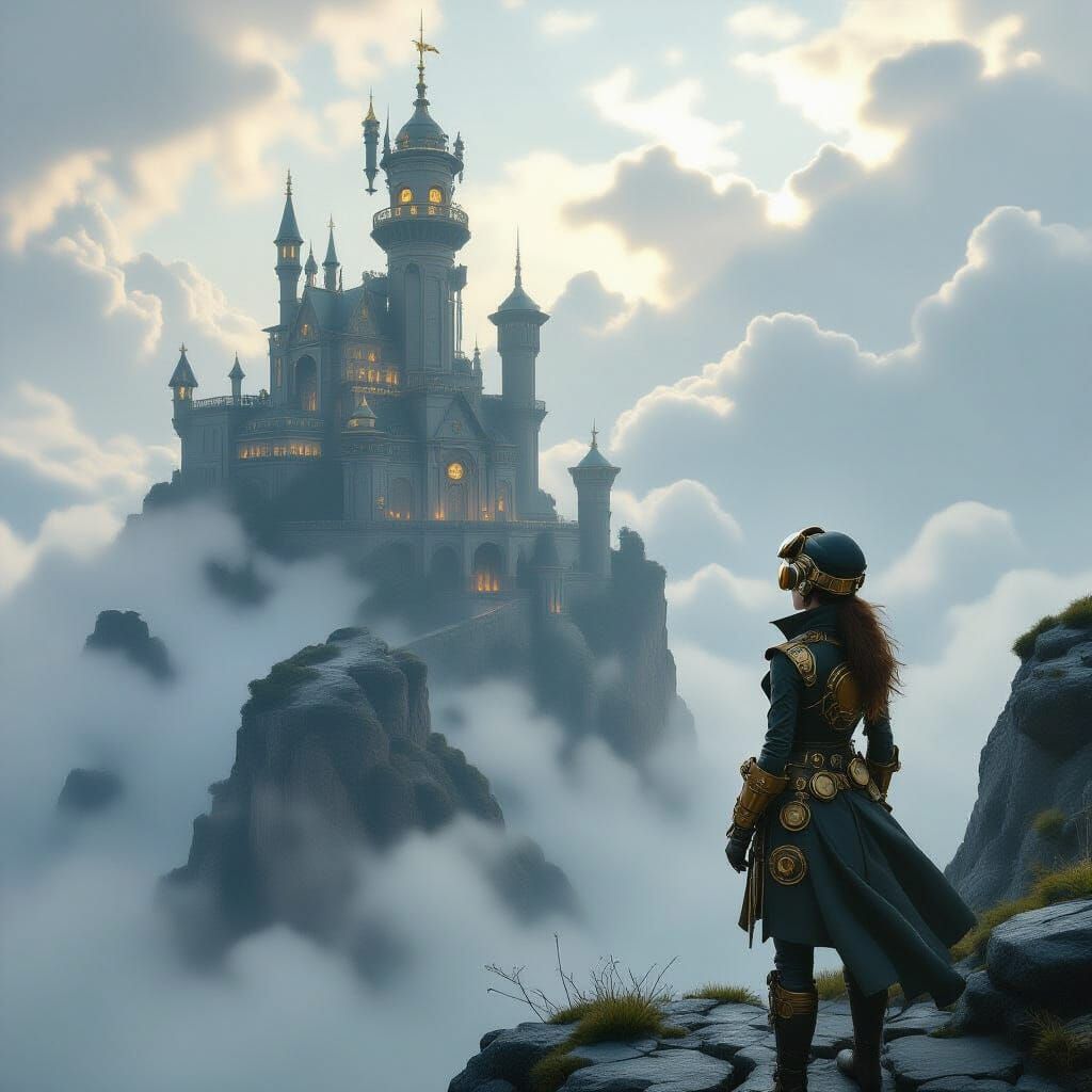 Steampunk Stronghold and Girl in Ethereal Mist