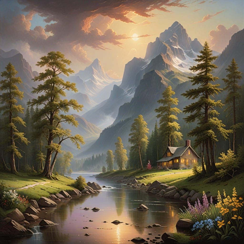 Serenic Landscape with Majestic Mountains and Wildlife