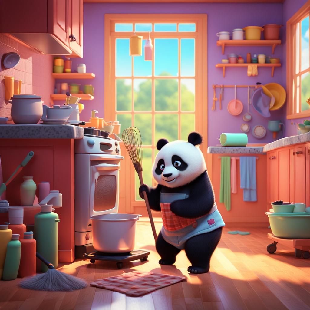 Cartoon Pandas Doing Chores in 3D Style