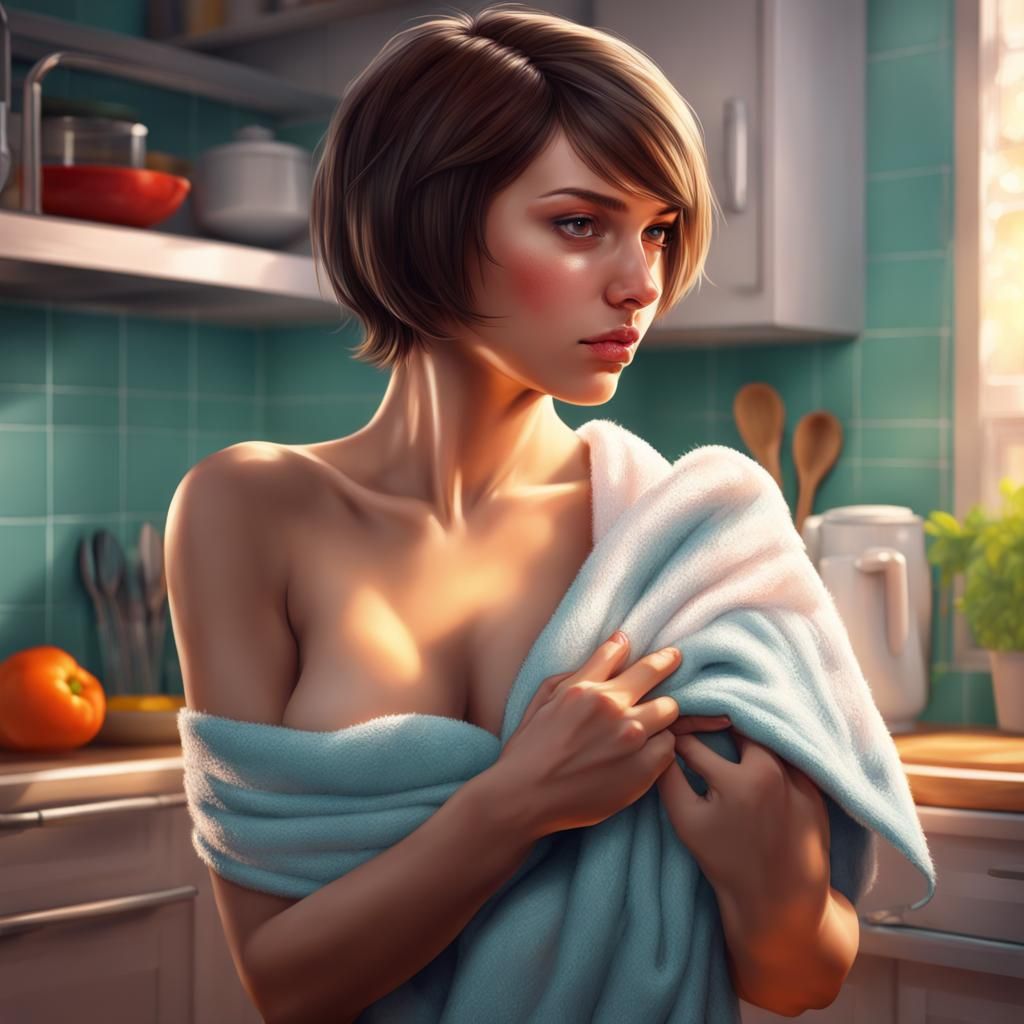 Hyperrealistic Portrait of Woman with Towel in Kitchen