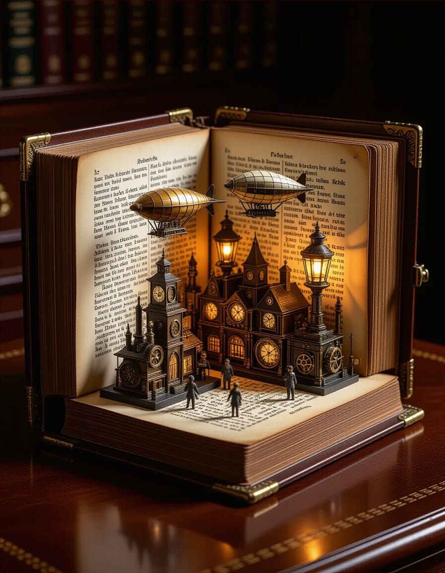 Steampunk City Within Antique Book: Detailed Miniature Art