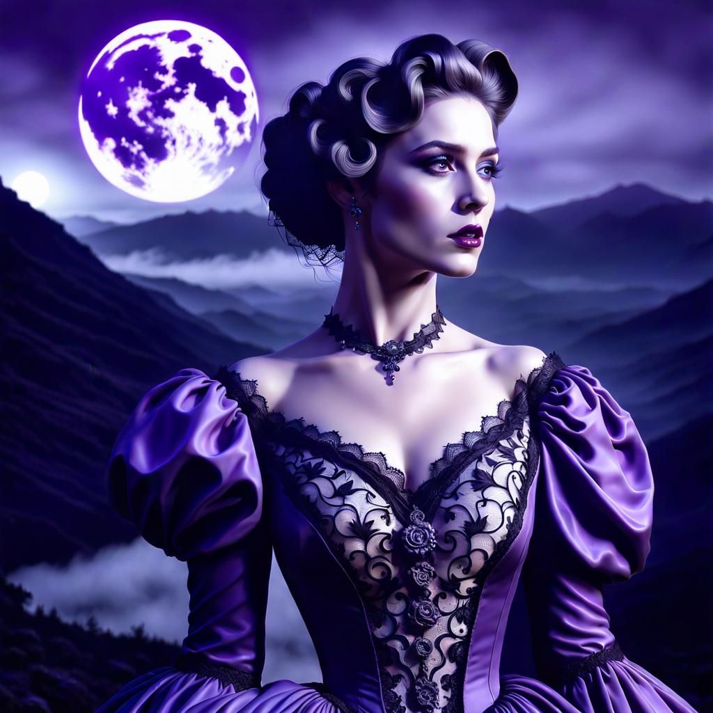 Vintage Woman in Purple Dress Under Moonlight