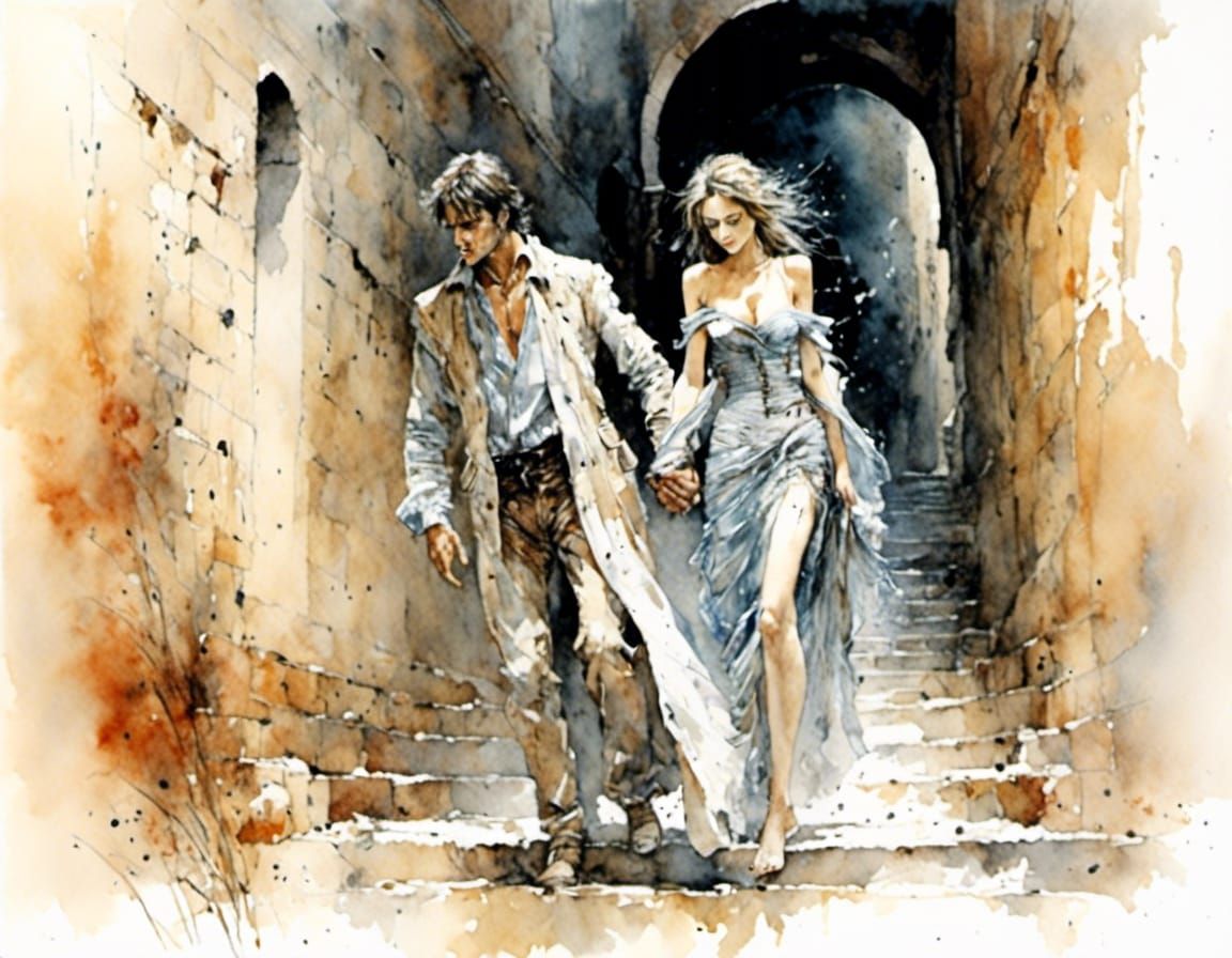 Woman Leads Man to Bedroom, Watercolor Style