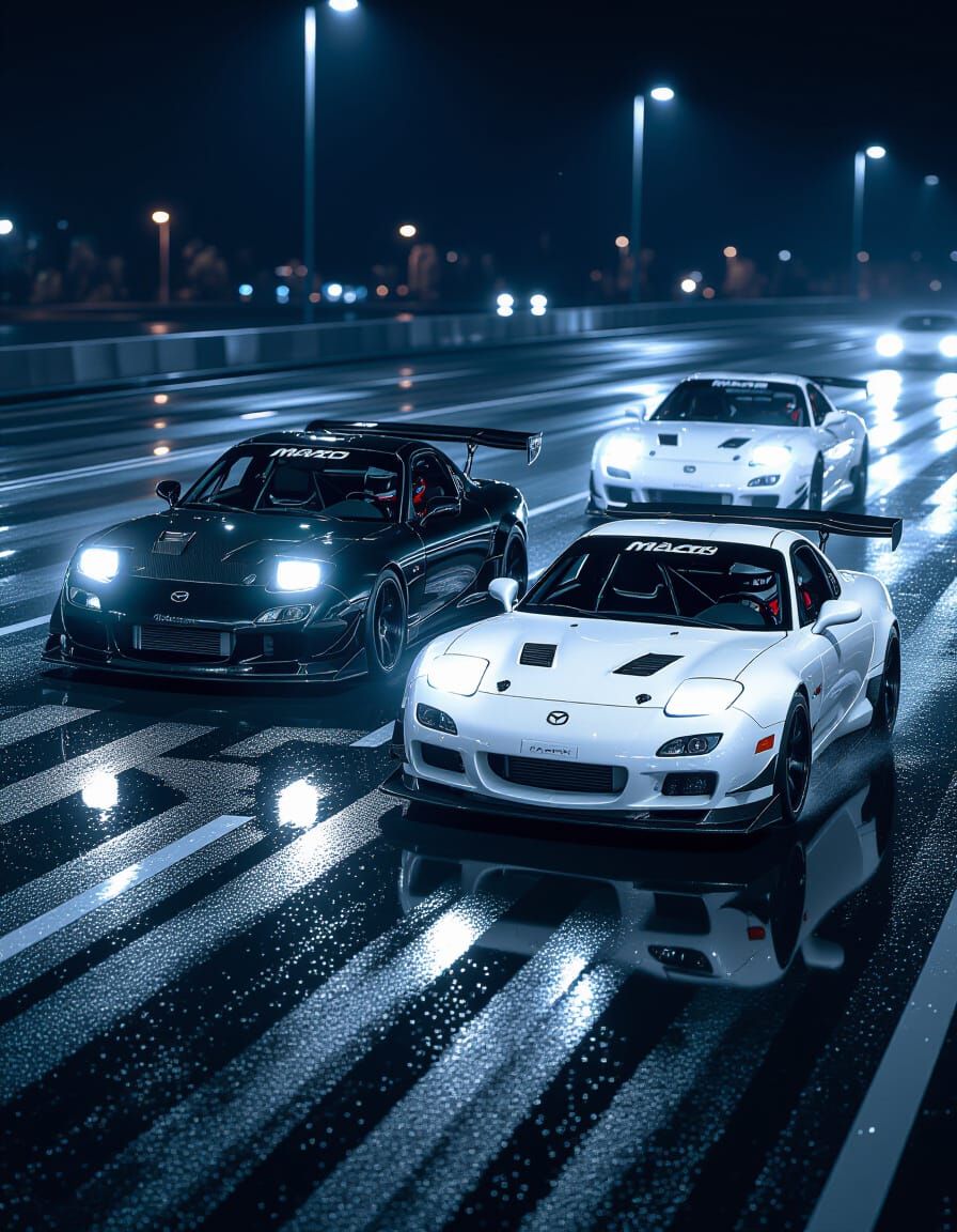 Dual Mazda RX7s Speed on Wet Night Road