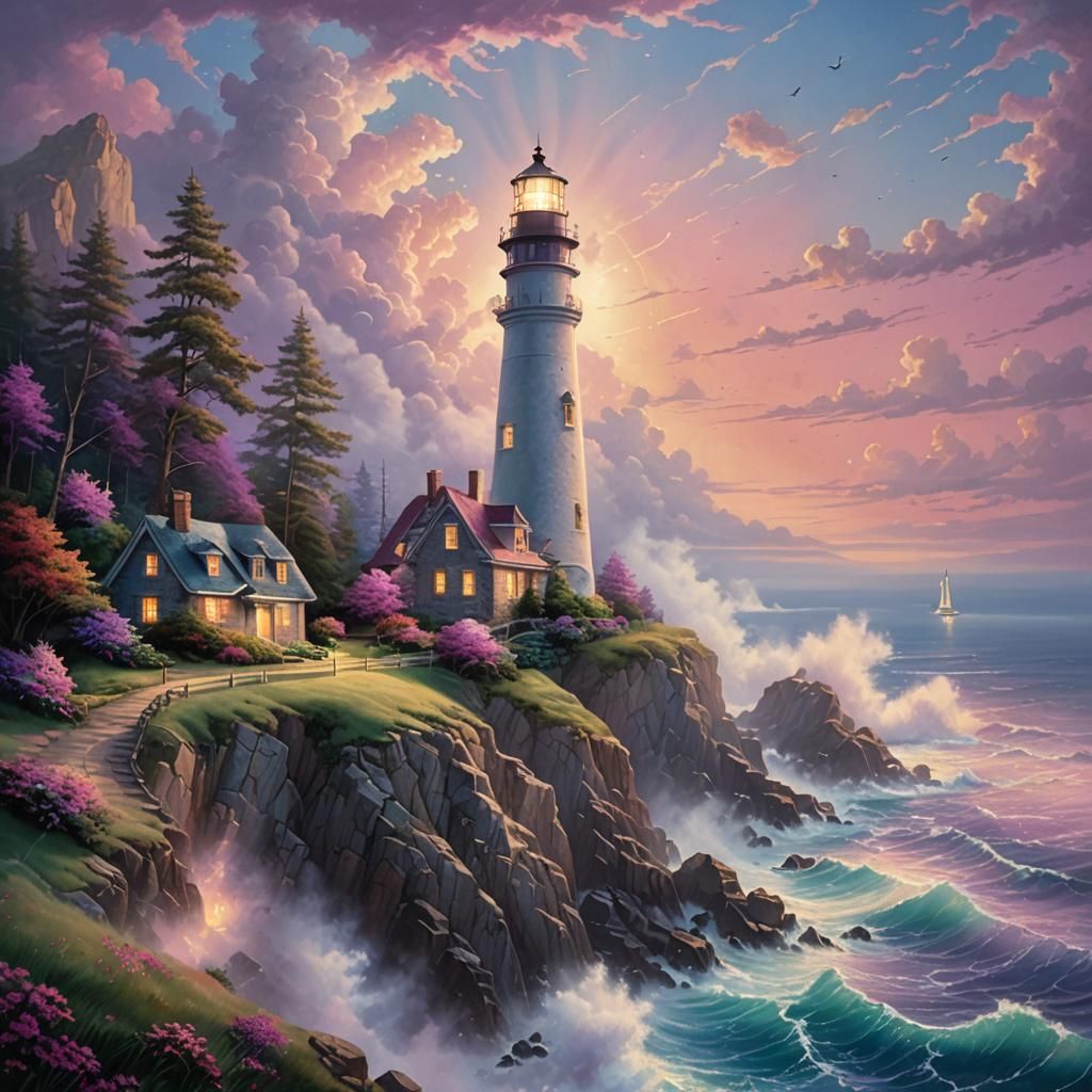 Hyperrealistic Lighthouse on Cliff Under Ethereal Sky