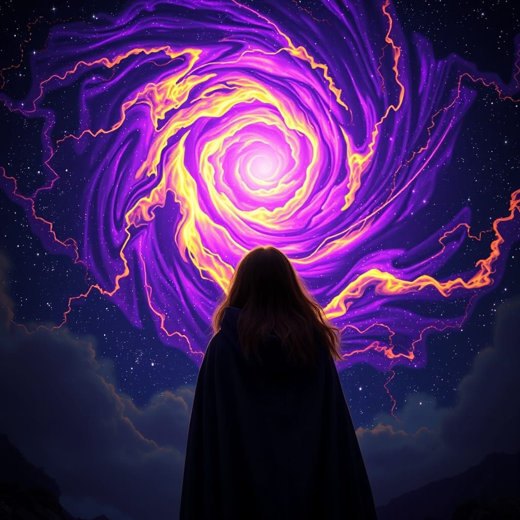 Ethereal Goddess Gazing Upon Celestial Vortex in Dark Fantas...