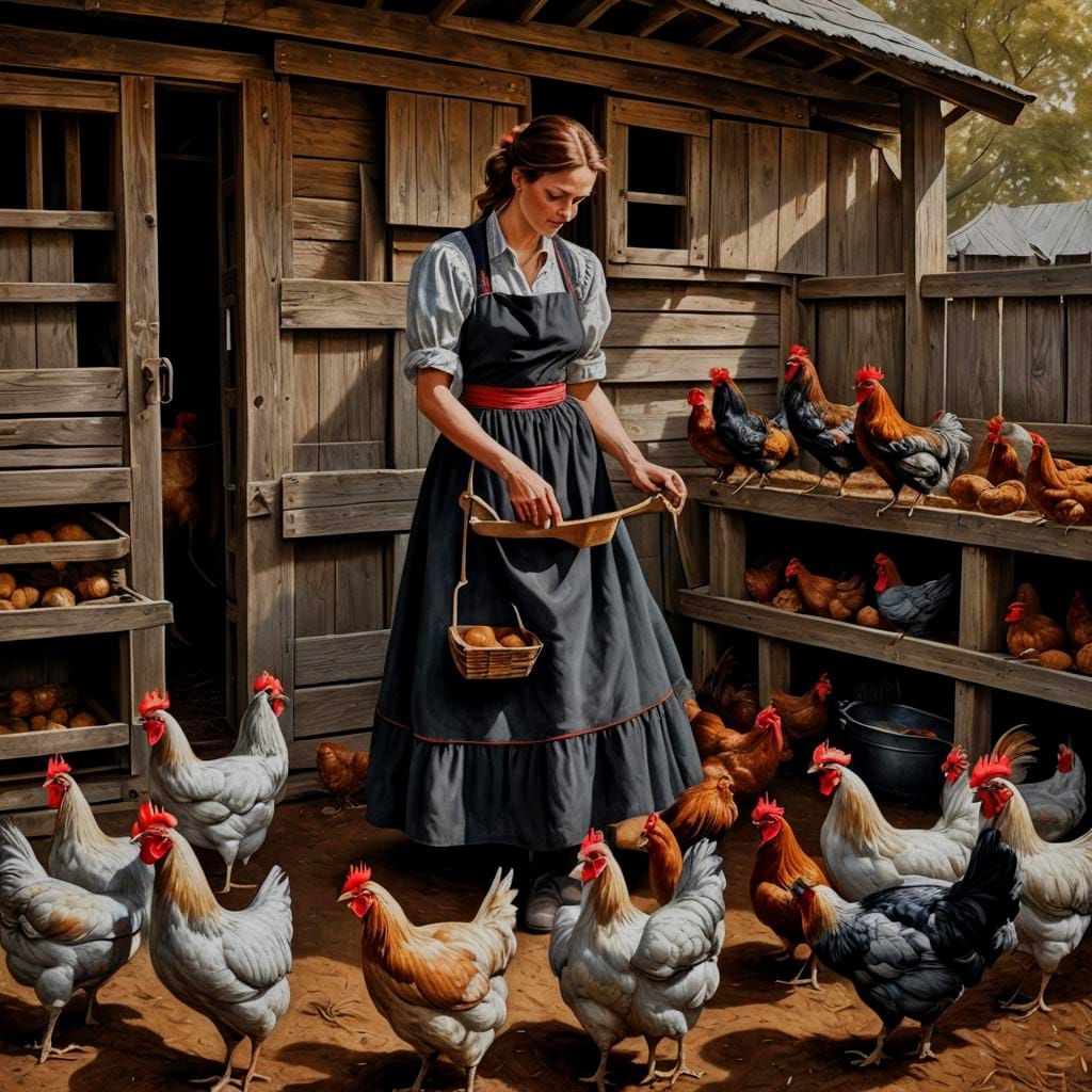 Farm Scene: Woman Feeding Chickens, Charcoal Drawing
