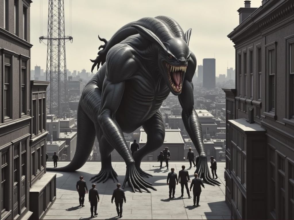 Menacing Dark Creature on Rooftop in Biomechanical Horror St...