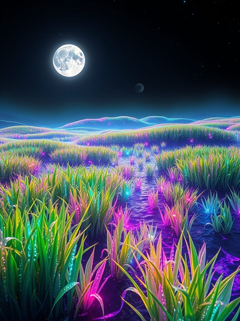 Glowing Rainbow Rice Paddies in Hyperrealistic Style