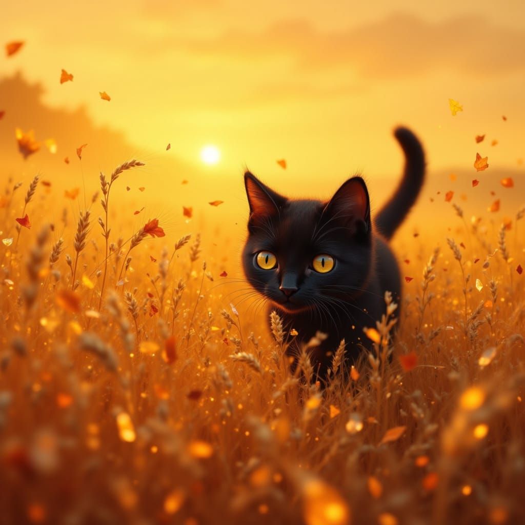 Fluffy Black Cat in Golden Wheat Field at Sunset