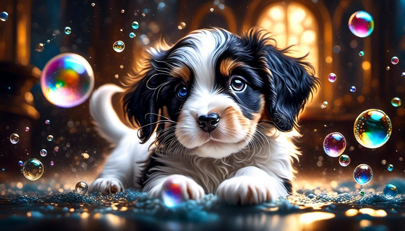 Happy Springer Spaniel Puppy Plays with Bubbles
