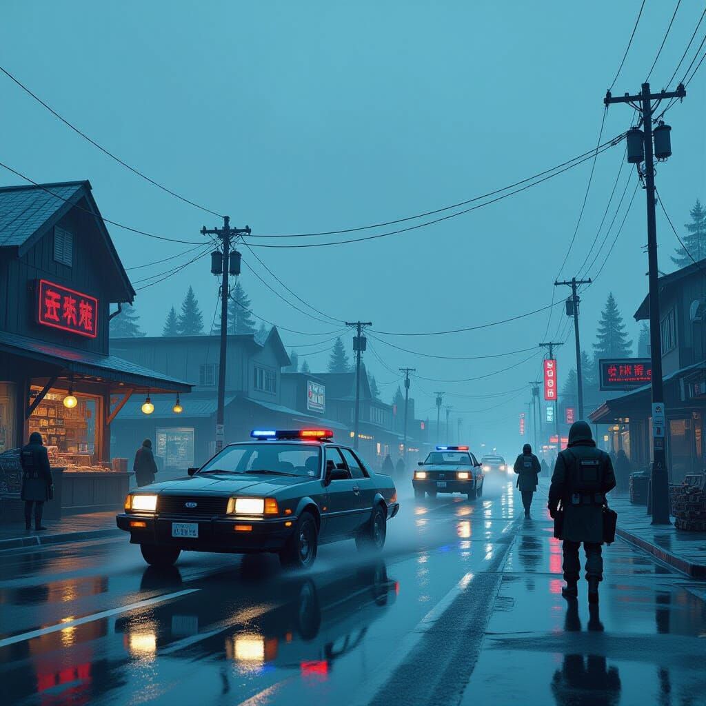 Sci-Fi City in Northern Wilderness, 1980s Car Driving in Rai...