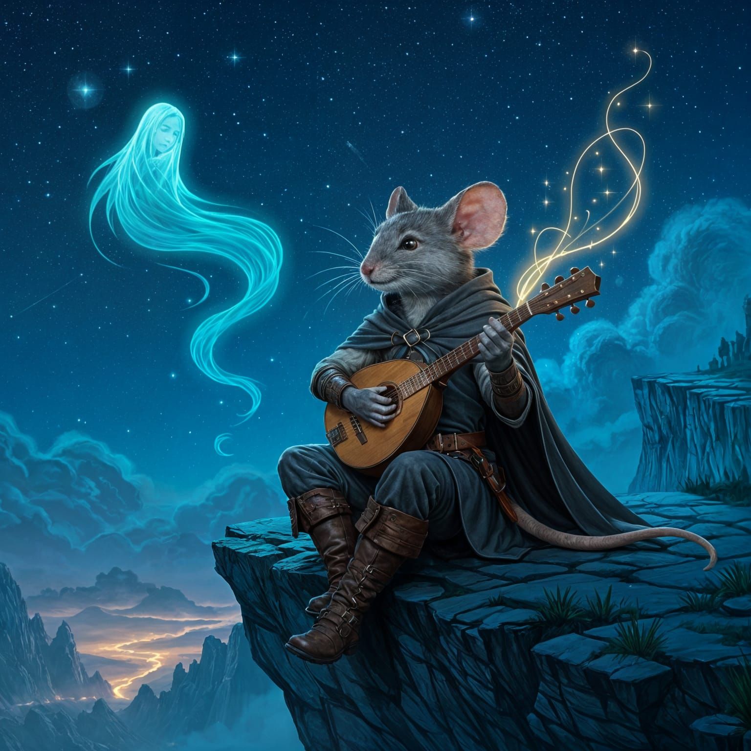 Mouse Wanderer Plays Lute Under Starlit Sky