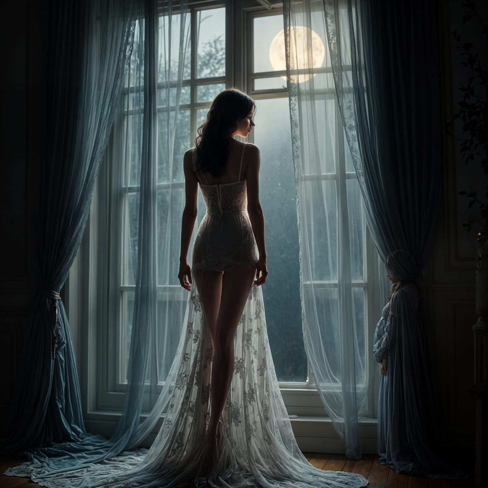 Radiant Woman in Ethereal Lace Gown at Night
