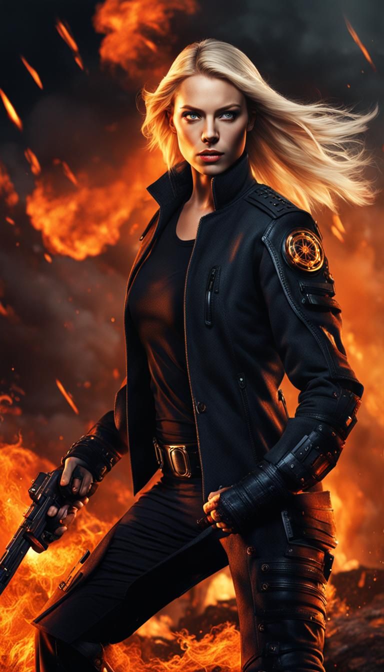 Intense Portrait of Woman with Fire Background