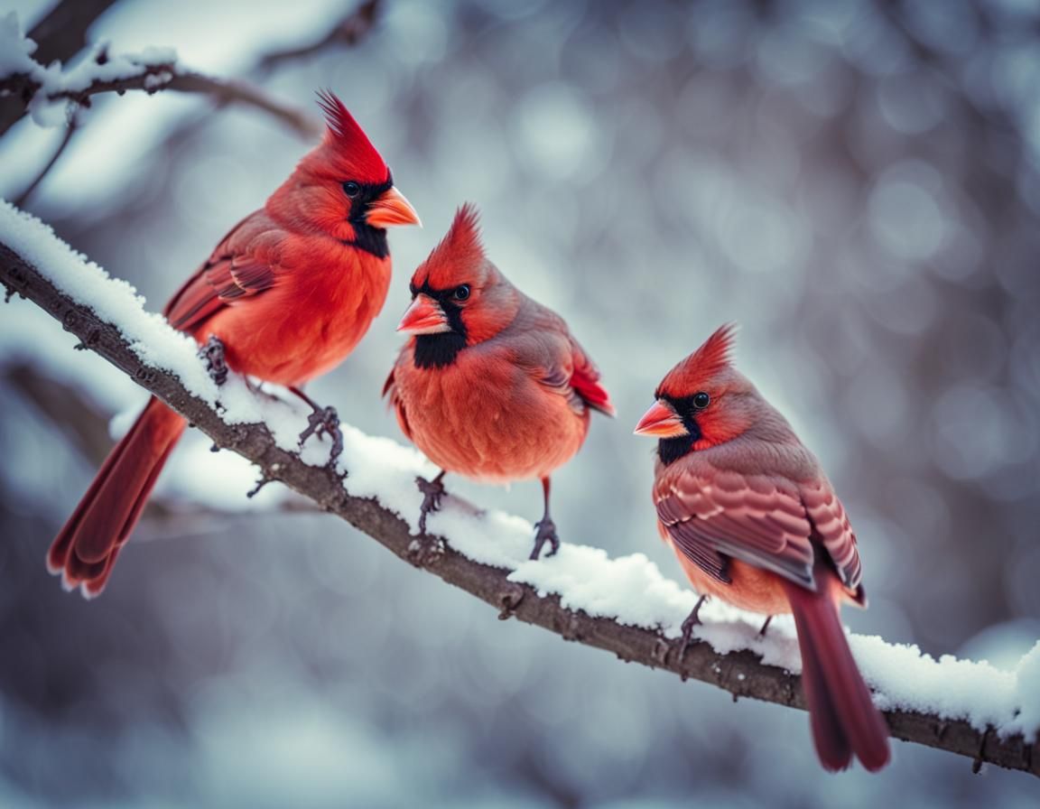 Cardinals Kissing on Snowy Branch in Analog Style