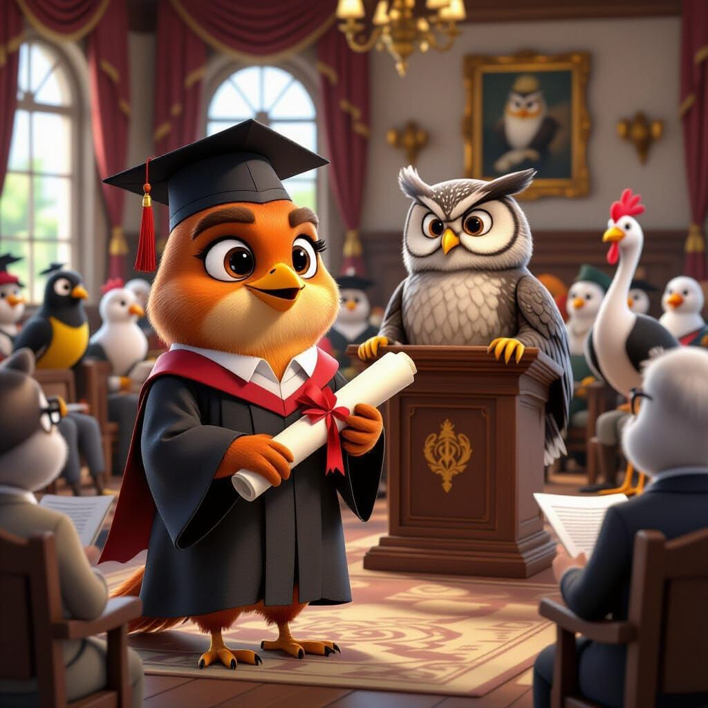 Proud Robin Graduation in 3D Cartoon Style