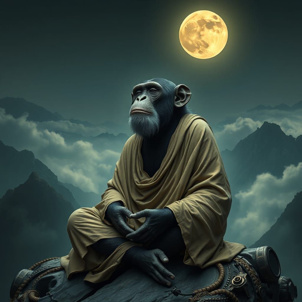 Chimpanzee Meditating on Mountaintop in Art Nouveau Style