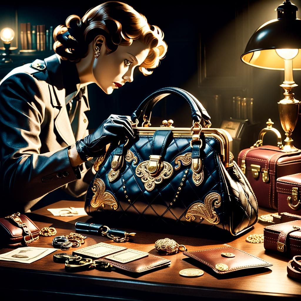 Film Noir Detective Examines Ornate Purse