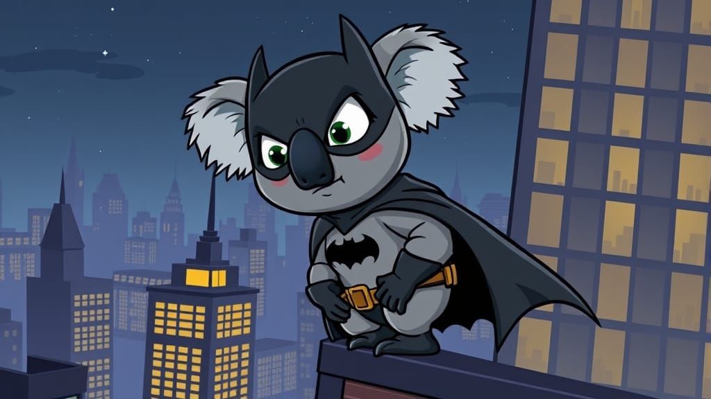 Koala Batman Guards Gotham Skyscrapers at Night