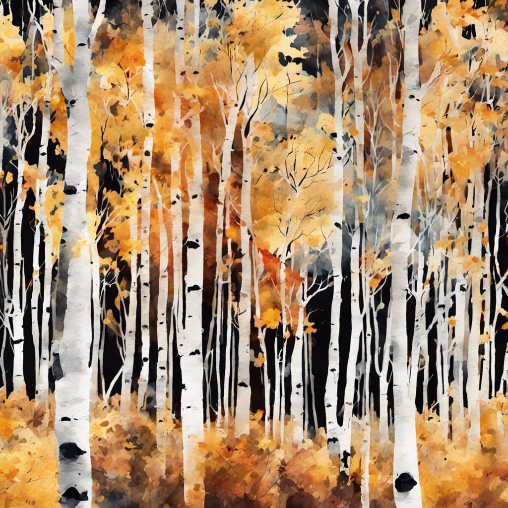 High Contrast Autumn Aspen Forest Watercolor