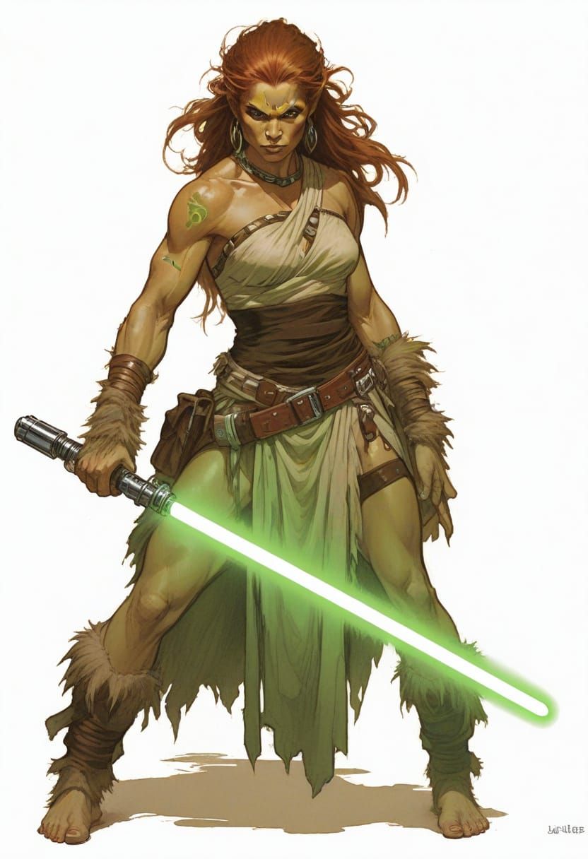 Heroic Fantasy Cavewoman Jedi with Green Lightsaber