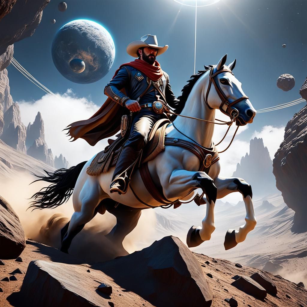 Futuristic Cowboy on Asteroid in Sharp Detail