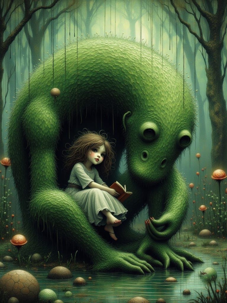 Little Girl Reads to Moss Swamp Monster in Fantasy Art